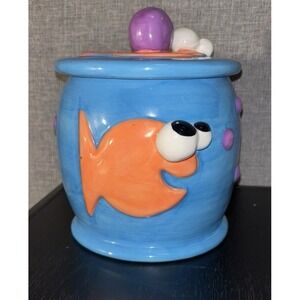 Canister Debby Carman Russ Berrie Cat Treat Jar 7" Fish Blue 3D EYES SIGNED